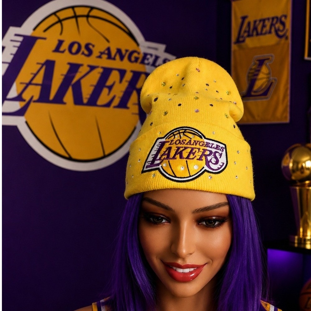 Los Angeles Lakes Yellow Beanie design with logo‎ and rhinestones